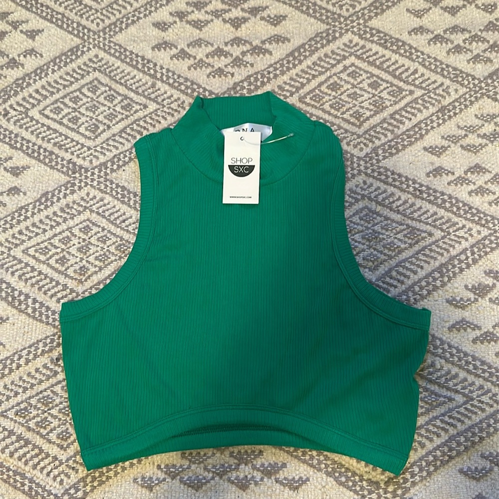 NWTS DNA Green Ribbed Mock Neck Crop Top, Medium